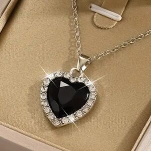 Black Crystal Heart & Diamond Silver Toned Necklace
